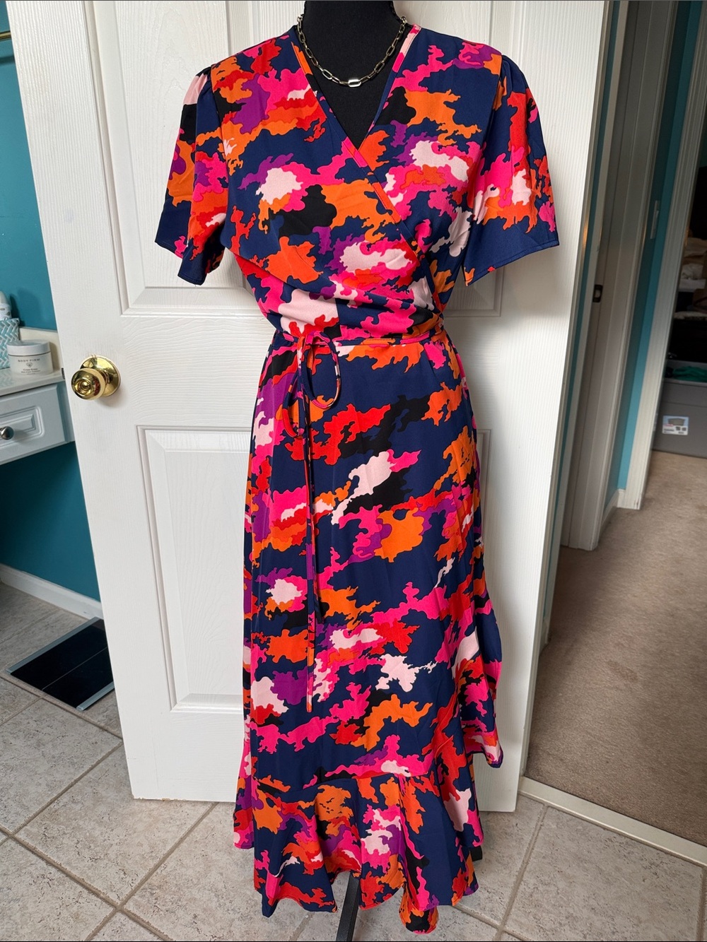 Colorful Abstract Camo Print Wrap Maxi Dress - Navy, Pink & Orange